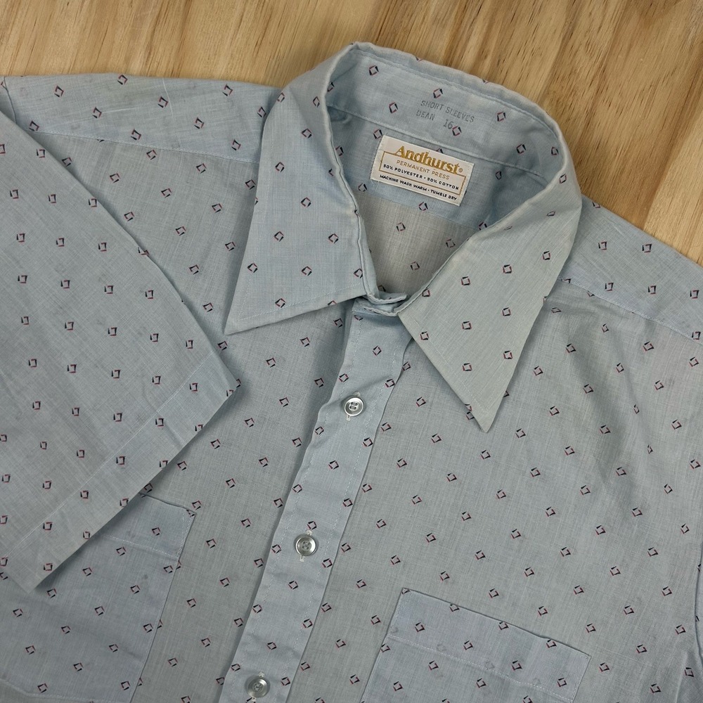 True Vintage Andhurst Pattern Short Sleeve Button Shirt Blue Solid 16 70's Disco